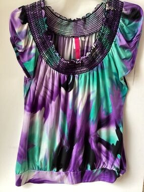 Purple & Teal Floral Smocked Neck Women's Top
